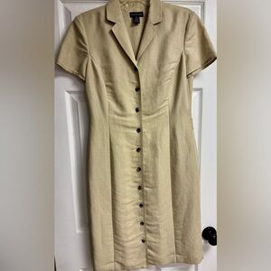 Ann Taylor Tan Sheath Midi Linen Dress with Notched Collar